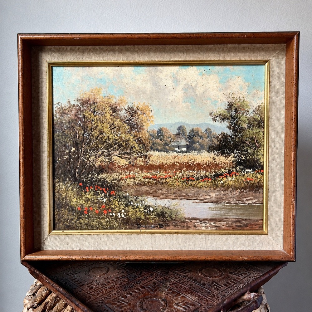 VTG 1970s Oil Painting Canvas Landscape Signed Wood Frame Linen & Gold 14.5x17.5